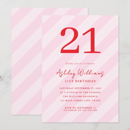 Elegant Roze Rood Modern 21e Verjaardag Kaart (Voorkant / Achterkant)