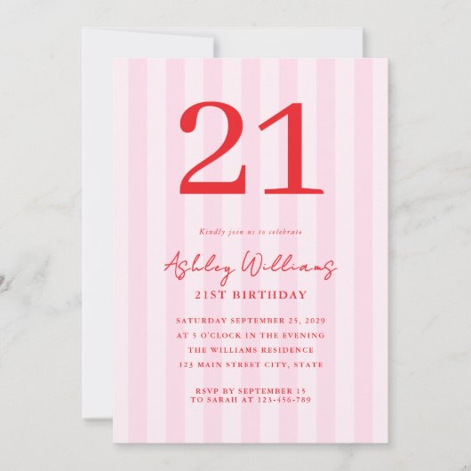 Elegant Roze Rood Modern 21e Verjaardag Kaart (Voorkant)