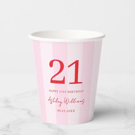 Elegant Roze Rood Modern 21e Verjaardag Papieren Bekers (Voorkant)