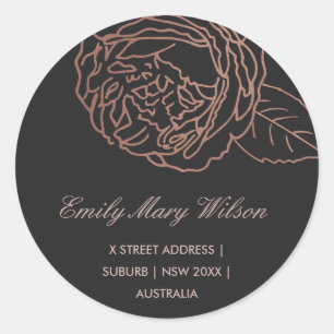 ELEGANT ROZE ROOD ROSE GOLD ZWARTE BLOEMEN ADRES RONDE STICKER