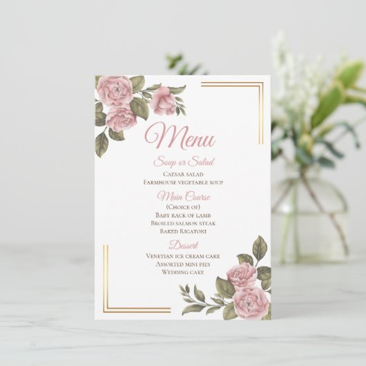  Elegant Roze Roos Bloemen Trouwmenu Menu (Staand voorkant)