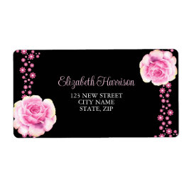 Elegant Roze Roos Bloemendek Zwart Adres Etiket