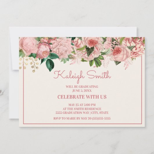 Elegant roze roos bloemengraduatfeest kaart (Voorkant)