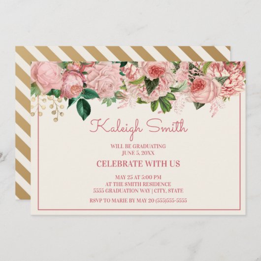 Elegant roze roos bloemengraduatfeest kaart (Voorkant / Achterkant)