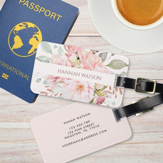 Elegant roze roos en pioen bloemboeket bagagelabel