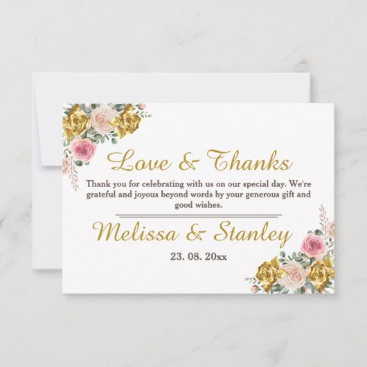 Elegant roze, Roos Gold Eucalyptus Floral Wedding Bedankkaart (Voorkant)
