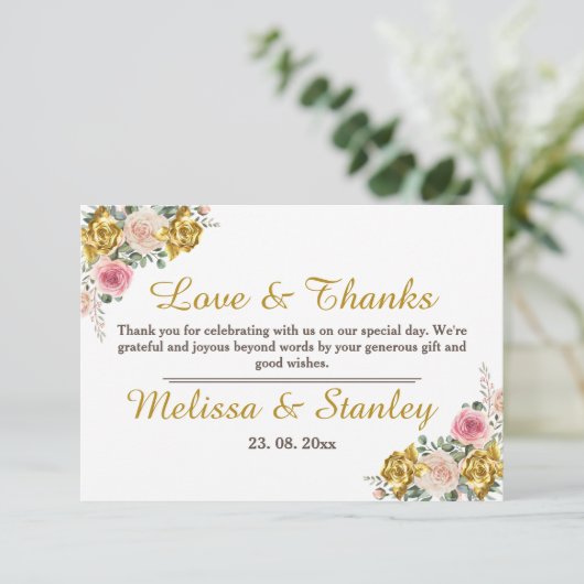 Elegant roze, Roos Gold Eucalyptus Floral Wedding Bedankkaart (Staand voorkant)