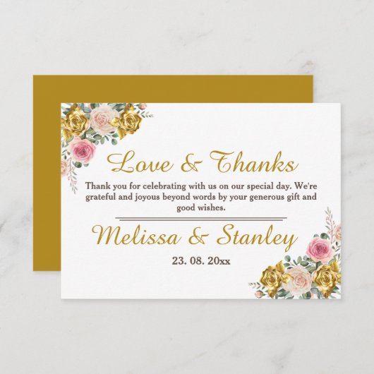 Elegant roze, Roos Gold Eucalyptus Floral Wedding Bedankkaart (Voorkant / Achterkant)