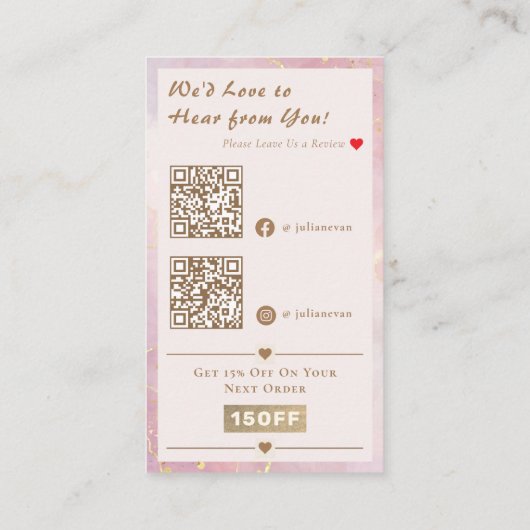 Elegant Roze Roos Goud Hart QR Code Bedankt Visitekaartje (Achterkant)