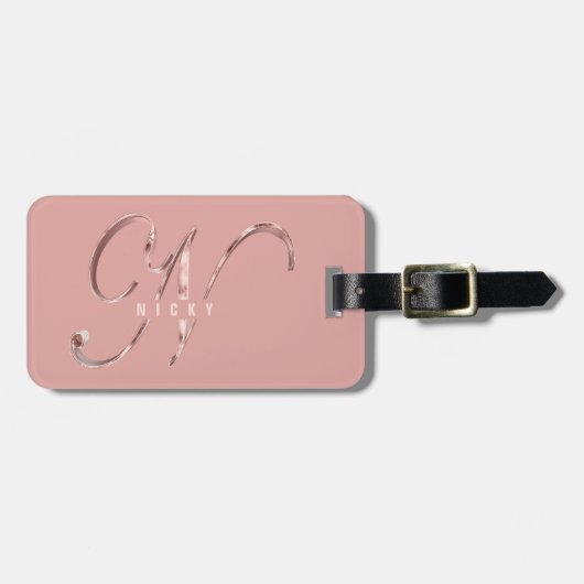 Elegant Roze Roos Goud Monogram Initiaal N Bagagelabel (Voorkant horizontaal)
