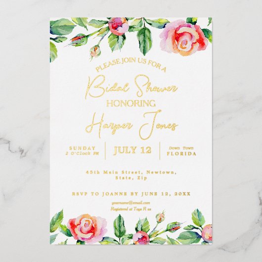 Elegant Roze Roos & Goudfolie Vrijgezellenfeest Folie Uitnodiging (Voorkant)