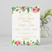 Elegant Roze Roos & Goudfolie Vrijgezellenfeest Folie Uitnodiging (Staand Voorkant)