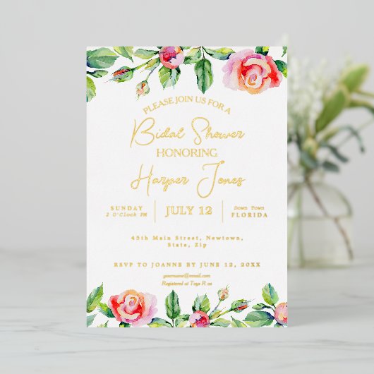 Elegant Roze Roos & Goudfolie Vrijgezellenfeest Folie Uitnodiging (Staand Voorkant)