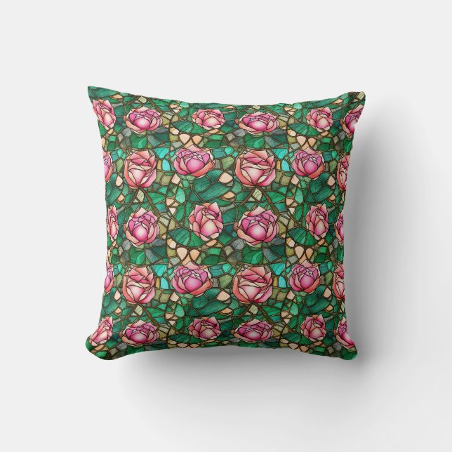 Elegant Roze Roos Nep Gebrandschilderd Glas Patroo Kussen (Voorkant)