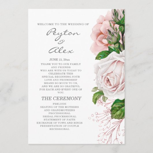 Elegant Roze Roos Wit Huwelijksprogramma Programmakaart (Voorkant)