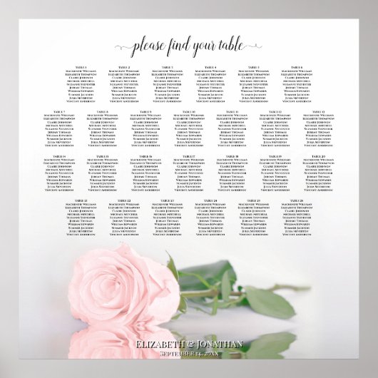 Elegant roze Rose 26 Tabel Wedding Seating Chart Poster (Voorkant)