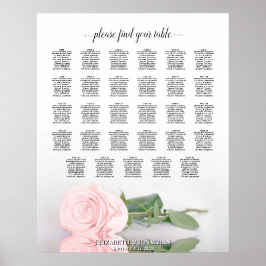 Elegant roze Rose 29 Tabel Wedding Seating Chart Poster (Voorkant)