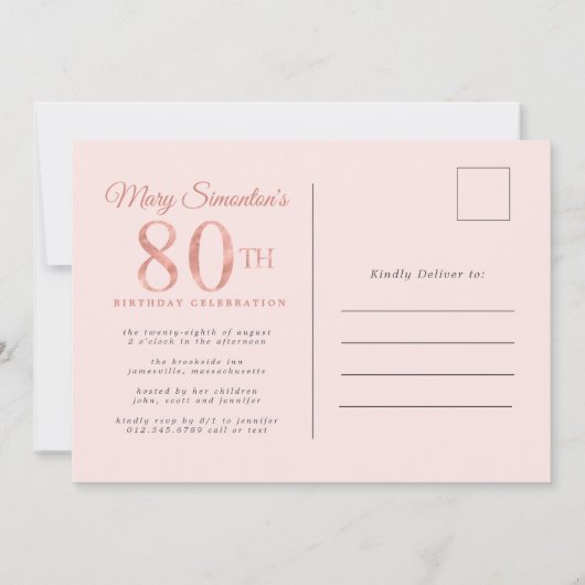Elegant roze Rose 80th Birthday Briefkaart (Achterkant)
