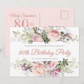 Elegant roze Rose 80th Birthday Briefkaart (Voorkant / Achterkant)