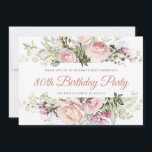 Elegant roze Rose 80th Birthday Briefkaart<br><div class="desc">Nodig je gasten uit voor een bijzonder 80ste verjaardagsfeestje met deze roze roze roze roze uitnodiging voor het vieren van hun verjaardag. Het kenmerkt om florale grenzen te spoelen. De algemene uitnodiging om de naam van de persoon, de 80ste verjaardag en de datum bekend te maken, staat vooraan. De meer...</div>