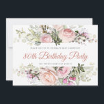Elegant roze Rose 80th Birthday Briefkaart<br><div class="desc">Nodig je gasten uit voor een bijzonder 80ste verjaardagsfeestje met deze roze roze roze roze uitnodiging voor het vieren van hun verjaardag. Het kenmerkt om florale grenzen te spoelen. De algemene uitnodiging om de naam van de persoon, de 80ste verjaardag en de datum bekend te maken, staat vooraan. De meer...</div>