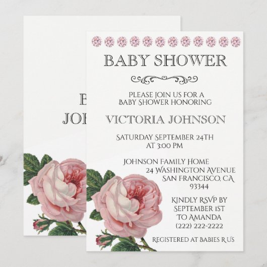 Elegant roze Rose Baby Girl Shower Invitations Kaart (Voorkant / Achterkant)