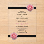 Elegant roze Rose Black Ribbon Wedding Invitations Acryl Uitnodigingen (Voorkant)