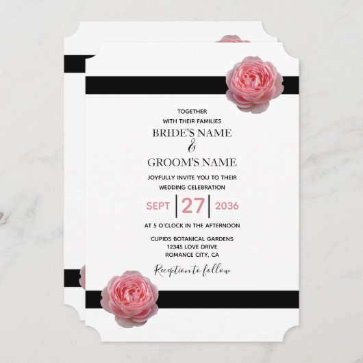 Elegant roze Rose Black Ribbon Wedding Invitations Kaart (Voorkant / Achterkant)