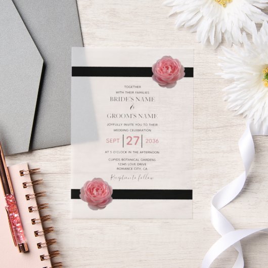 Elegant roze Rose Black Ribbon Wedding Invitations Vellum Uitnodigingen (Huwelijk)