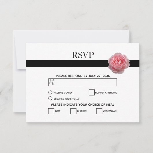 Elegant roze Rose Black Ribbon Wedding RSVP Kaarte (Voorkant)