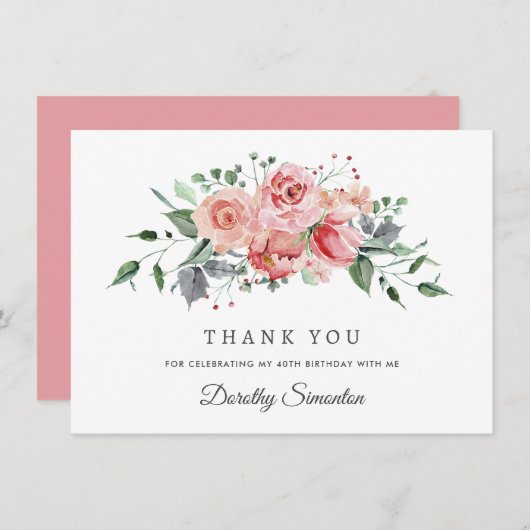 Elegant Roze Rose Bloemen 40e Verjaardag Flat Bedankkaart (Voorkant / Achterkant)
