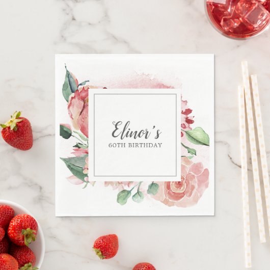 Elegant Roze Rose Bloemen 60ste Verjaardag Servet (Insitu)