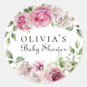 Elegant Roze Rose Bloemen Baby shower Favor Ronde Sticker (Voorkant)