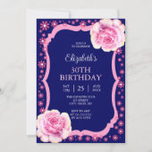 Elegant Roze Rose Bloemen Donkerblauw 30ste Verjaa Kaart (Voorkant)