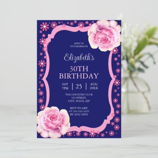 Elegant Roze Rose Bloemen Donkerblauw 30ste Verjaa Kaart (Staand voorkant)