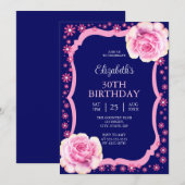 Elegant Roze Rose Bloemen Donkerblauw 30ste Verjaa Kaart (Voorkant / Achterkant)