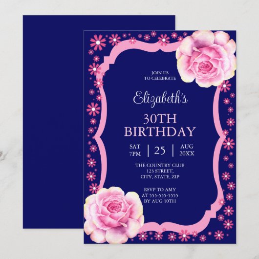 Elegant Roze Rose Bloemen Donkerblauw 30ste Verjaa Kaart (Voorkant / Achterkant)