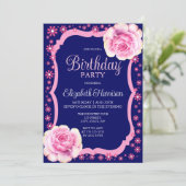 Elegant Roze Rose Bloemen Donkerblauw Verjaardagsf Kaart (Staand voorkant)