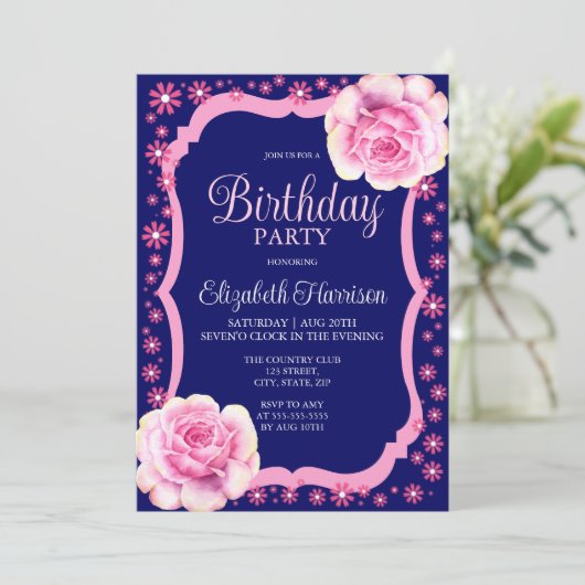 Elegant Roze Rose Bloemen Donkerblauw Verjaardagsf Kaart (Staand voorkant)