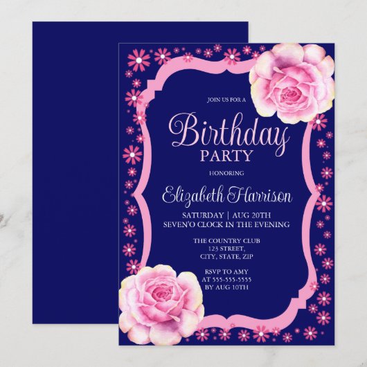 Elegant Roze Rose Bloemen Donkerblauw Verjaardagsf Kaart (Voorkant / Achterkant)