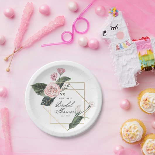 Elegant Roze Rose Bloemen Goud Lijst Vrijgezellenf Papieren Bordje (Feest)