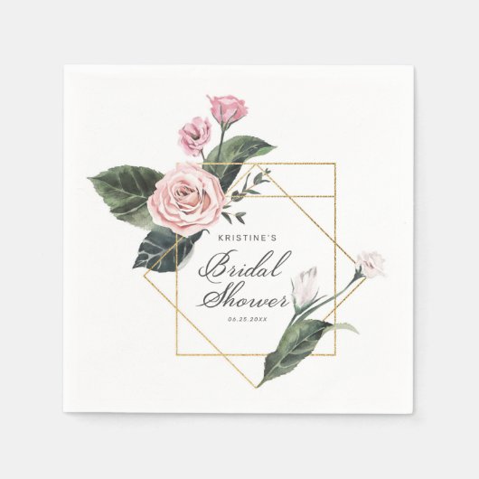 Elegant Roze Rose Bloemen Goud Lijst Vrijgezellenf Servet (Voorkant)