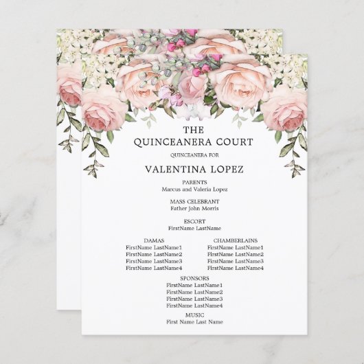 Elegant Roze Rose Bloemen Quinceanera Programma (Voorkant / Achterkant)