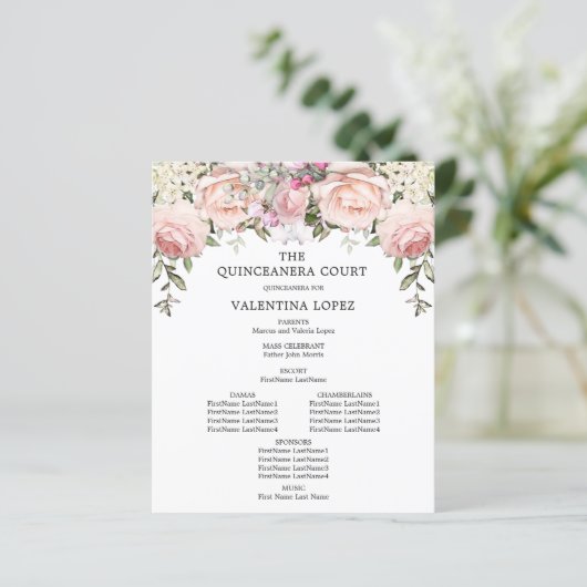Elegant Roze Rose Bloemen Quinceanera Programma (Staand voorkant)