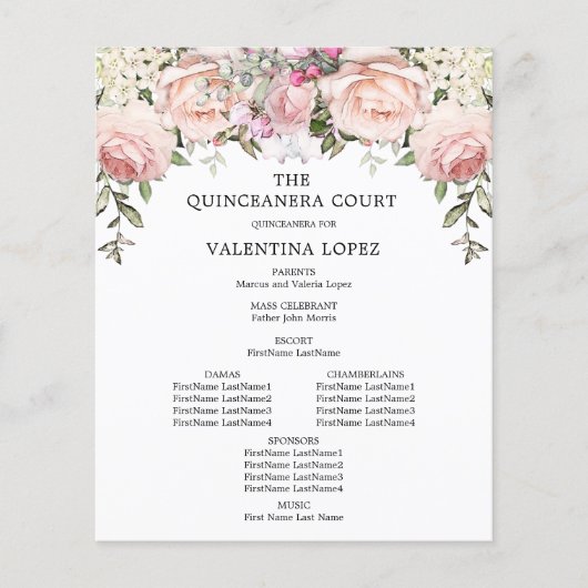 Elegant Roze Rose Bloemen Quinceanera Programma (Voorkant)