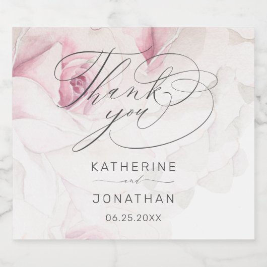 Elegant Roze Rose Bloemen Script Bruiloft Dank u Sparkling Wijnetiket (Enkel label)