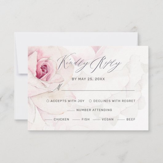 Elegant Roze Rose Bloemen Script Maaltijden Bruilo RSVP Kaartje (Voorkant)
