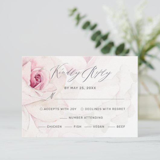 Elegant Roze Rose Bloemen Script Maaltijden Bruilo RSVP Kaartje (Staand voorkant)