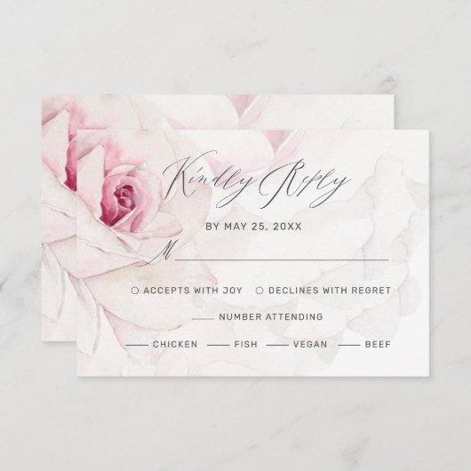 Elegant Roze Rose Bloemen Script Maaltijden Bruilo RSVP Kaartje (Voorkant / Achterkant)