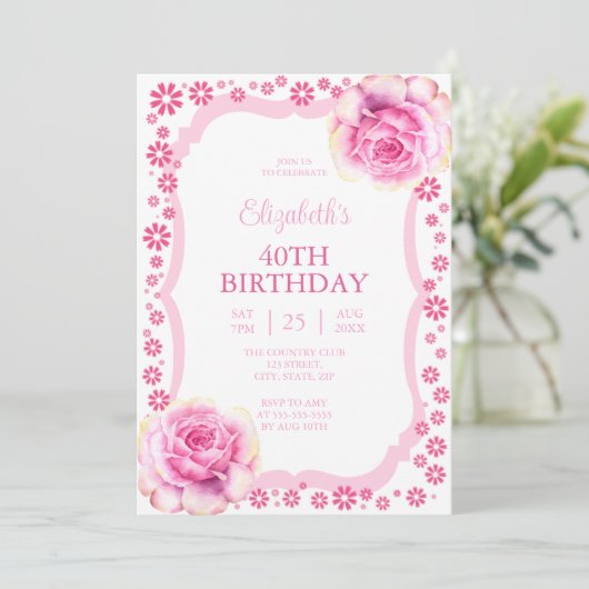 Elegant Roze Rose Bloemen Wit 40e Verjaardag Kaart (Staand voorkant)